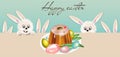 Happy Easter template. Cute rabbits, eggs and Easter cake