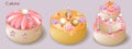 Set of cute cakes. In pastel colors, cartoon volume style