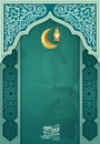 Ramadan Kareem Ramadan mubarak calligraphy means happy ramadan on fuchsia crescent moon on green, blue, purple background