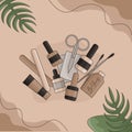 Nail care set: brushes, scissors, nail polish, top, base, nail file, cream, oil