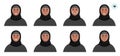 Muslim woman emotions set. Different face avatars. People facial expression icons. Vector illustration of a young woman in hijab. Royalty Free Stock Photo