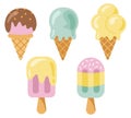 Various cartoon ice cream set with waffle cone and ice cream on stick. Summer sweet food in pastel colors. Different desserts. Royalty Free Stock Photo