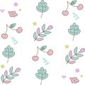 cute summer pattern in pink and blue color with flower, cherry and leaves on a white background Royalty Free Stock Photo