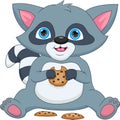 Cute cartoon raccoon eating cookies