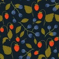 seamless vector pattern of wild blueberries and blueberries as a textile print, bright berries on a dark background.