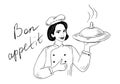 Chef cook girl holds a delicious dish in her hands and wishes you bon appetit.