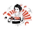 Girl holding a plate of food.Sushi set Royalty Free Stock Photo