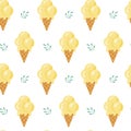 Vanilla ice cream seamless pattern. Tasty yellow waffle cone and leaves. Summer, kids, vacation or sweet food theme background. Royalty Free Stock Photo