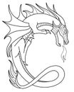 Winged Dragon spewing flames - vector linear picture for coloring. Outline. Fantasy dragon curved in the shape of the letter `C`