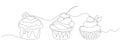 Seamless vector line art. Three delicious cupcakes