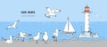 Hand drawn summer seaside background. Sketch gull pattern, seabird, flying seagull , lighthouse, anchor, yacht, boat. Marine print