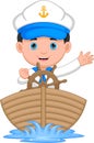 Cartoon cute boy driving boat Royalty Free Stock Photo