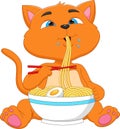 Cute cat eating noodle cartoon