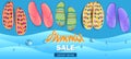 Summer sale, poster with bright flip-flops on the seashore