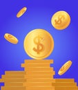 A lot Coin dropping down. Money wealth coin currency podium forex vector design.