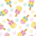 Cartoon ice cream seamless pattern. Tasty colorful ice cream on stick and soap bubbles. Summer, birthday, vacation or sweet food. Royalty Free Stock Photo