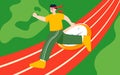 Boy sprints to the finish on the track with paper and books in the background, vector