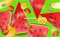 Watermelon, strawberries and bananas. A colorful seamless pattern Royalty Free Stock Photo