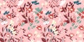 Seamless floral pattern with colorful flowers, leaves on a bright pastel pink background. Royalty Free Stock Photo