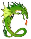 Green fire-breathing dragon - vector full color picture with a mythological creature. Dragon curved in the shape of the letter C Royalty Free Stock Photo