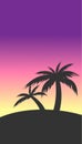 Palm Trees shadow at sunset. Evening on beach with pink purple summer sky and coconut tree shadow. Tropical palm on island. Vector Royalty Free Stock Photo