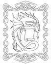 Dragon with a scroll in a frame of Celtic ornament - a vector linear picture for coloring. Outline. Fantasy coloring book with a f Royalty Free Stock Photo