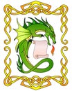 Fantasy illustration - dragon with a framed scroll - vector full color picture. Fire breathing green dragon and scroll with copy s Royalty Free Stock Photo