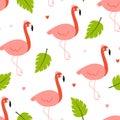 Seamless tropical pattern with cute baby flamingo and leaves