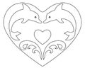 Heart with dolphins and sea waves - vector line drawing with editable outline. Outline. Bottlenose dolphins - marine mammals jumpi