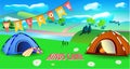 Invitation to a summer kids camp with tents and cartoon scenery Royalty Free Stock Photo