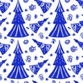Christmas trees and snowflakes. Abstract Seamless vector pattern in linocut hand print style. Blue winter illustrations Royalty Free Stock Photo