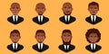 Set of african american men business avatars in flat colorful style.