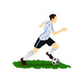 Soccer player wearing Argentina jersey dribbling the ball.