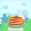 A Plate of Pancakes and A Jar of Maple Syrup Flat Illustration Design Concept Royalty Free Stock Photo