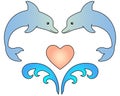 Dolphins and sea waves in the shape of a heart - vector full color drawing. Bottlenose dolphins are marine mammals jumping over th Royalty Free Stock Photo
