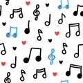 Cute seamless pattern with funny musical notes characters