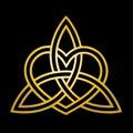 Holy Trinity Knot, Celtic Heart, Triquetra, gold symbol of love isolated on black background. Royalty Free Stock Photo