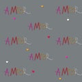 Amor pattern - seamless vector background with hearts and Amor inscription.