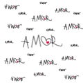 Amor pattern - seamless vector background with hearts and Amor inscription. Black letters on a white background.