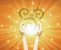 Light sun portal, Celtic Knot symbol, Holy Trinity, Hands grabbing the sun, birds flying holding a dream, hope, light of faith Royalty Free Stock Photo