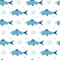 Cartoon fish seamless pattern in blue colors. Sea life theme background. Ocean, wildlife or baby animals wallpaper. Royalty Free Stock Photo