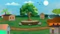 Beautiful village cartoon background of green meadows and surrounded by trees and mountains. Royalty Free Stock Photo