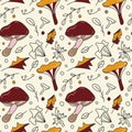 Forest edible chanterelle mushrooms and porcini mushroom. Hand drawn seamless vector pattern in doodle style Royalty Free Stock Photo