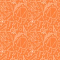 Hand drawn silhouettes of mushrooms, twigs and leaves. Orange seamless vector pattern in doodle style Royalty Free Stock Photo