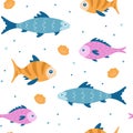 Cartoon fish seamless pattern. Sea life theme background with different tropical fish. Ocean, wildlife or baby animals wallpaper. Royalty Free Stock Photo