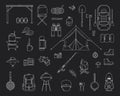 Set of hand drawn camping and hiking equipment. Hike icons. Travel and vacation doodle collection. Royalty Free Stock Photo