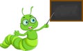 Cartoon cute caterpillar teacher wearing glasses and holding pointer