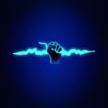 Vector realistic lightning bolt held by a fist. Natural light effect, bright glow. Royalty Free Stock Photo