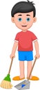 Cartoon young boy sweeping floor