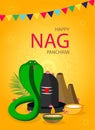 Happy Nag Panchami greeting card with king cobra. Snake Festival in India. Vector illustration Royalty Free Stock Photo